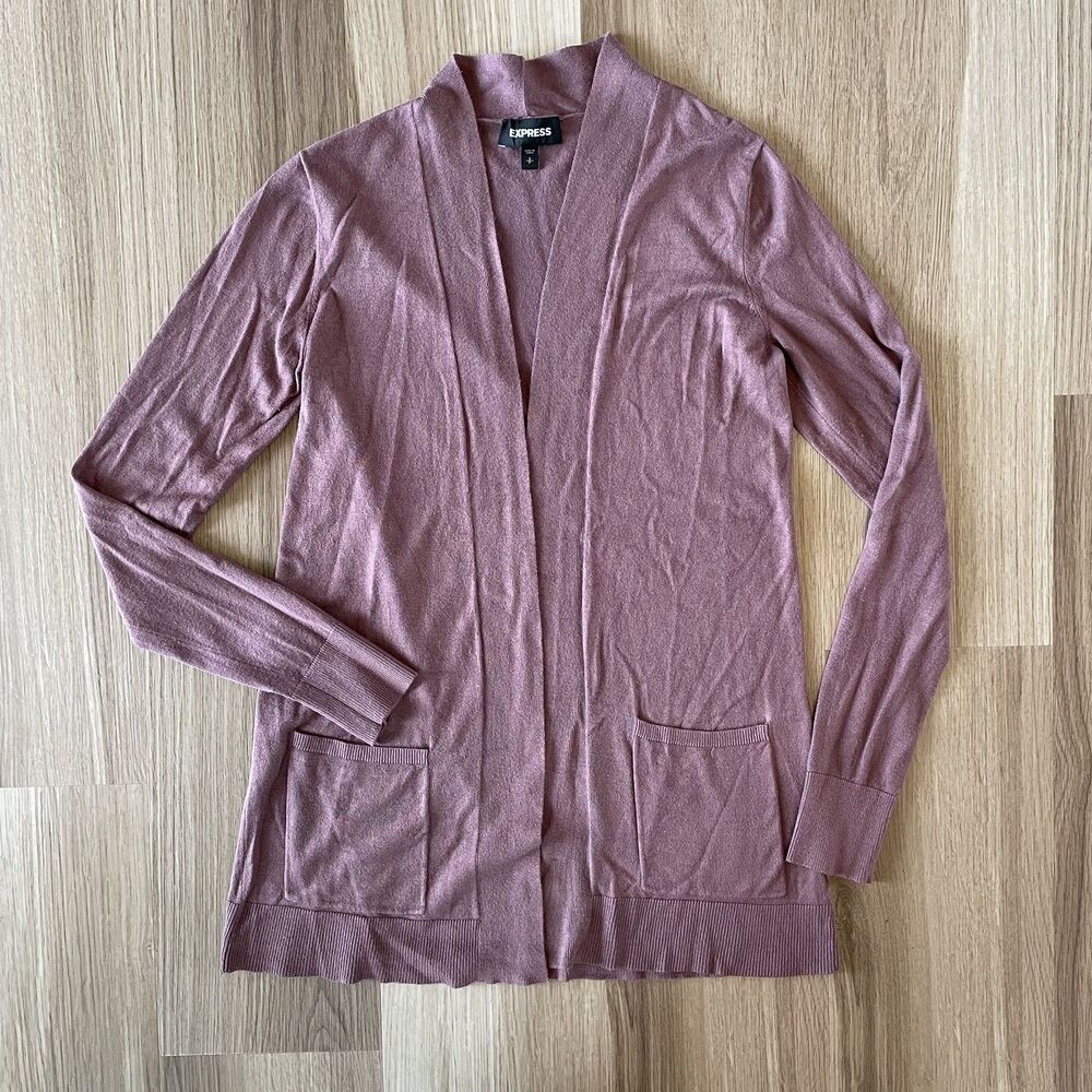 Express Womens Sz S Open Front Longline Cardigan Pockets Knit Mauve Quiet Luxury